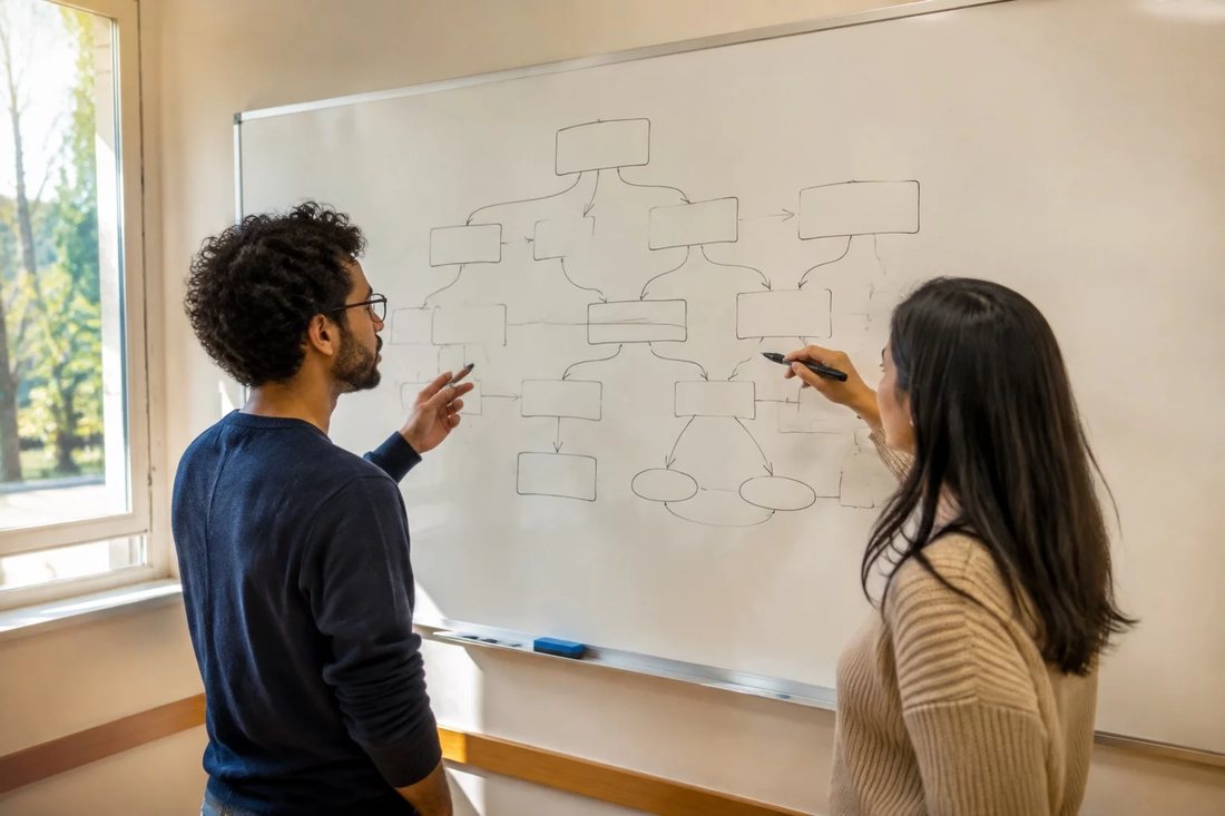Dupla diante do quadro branco montando o esqueleto de um argumento
