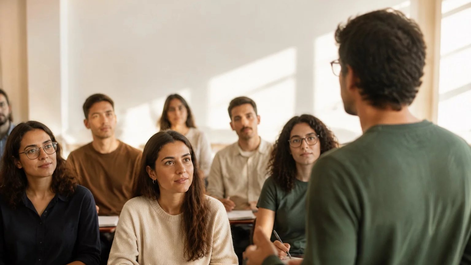 Participante com a mão erguida à mesa, pedindo a vez de responder
